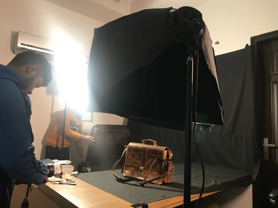 Product photography setup with softbox lighting in studio